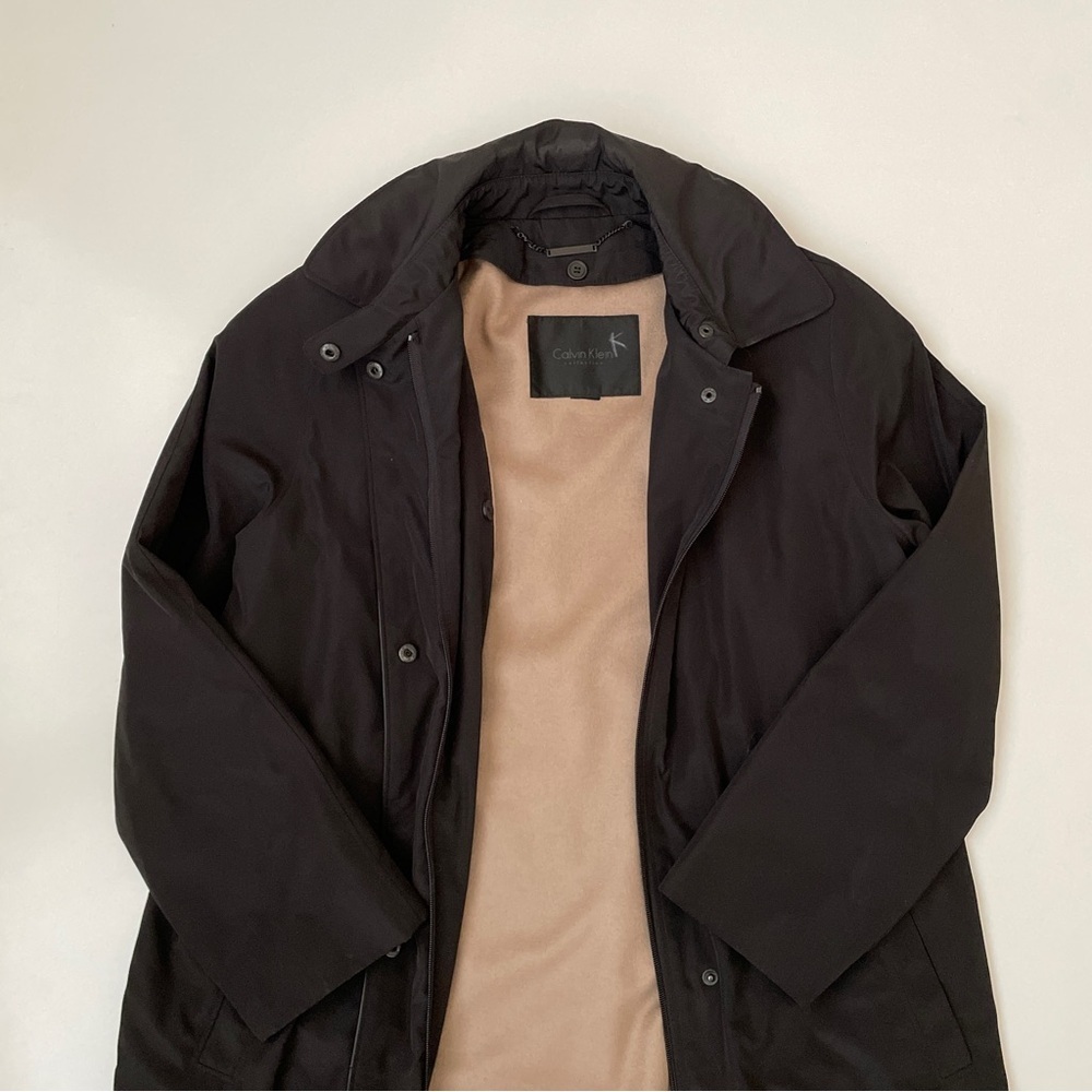 RARE ✨ Calvin Klein Black Car Coat Removable Tan Wool Cashmere Liner, Size Large - Picture 2 of 12